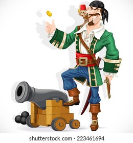 Cute pirate with monkey throw up golden coin stand  on cannon