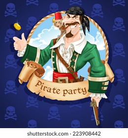 Cute pirate with monkey throw up golden coin . Banner for Pirate party 