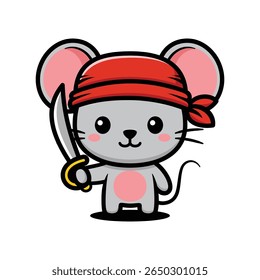 Personagem De Desenho Animado De Rato Pirata Bonito Vestindo Bandana E Segurando Uma Espada