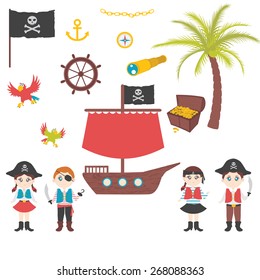 cute pirate objects collection. vector illustration