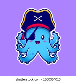 Cute Pirate Octopus With Eyepatch Cartoon Vector Icon Illustration. Animal Pirate Icon Concept Isolated Premium Vector. Flat Cartoon Style