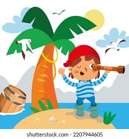 Cute pirate on desert island. Scene, background for games, design, puzzles. Ocean, palm tree, nature. Vector illustration.