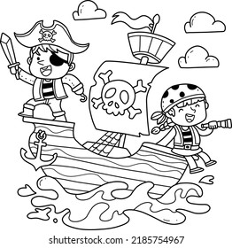 Pirata lindo en el barco dibujó a mano una caricatura del libro de colorear aislado en blanco