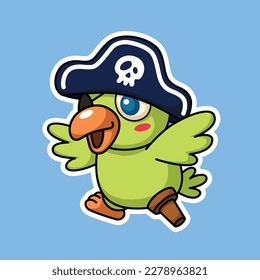 Cute Pirate Parrot Cartoon-Zeichen in Sticker Style Premium Vector Graphic Asset