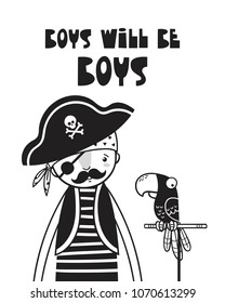Cute pirate and parrot, poster for baby room, greeting card, print on the wall, pillow, decoration kids interior, baby wear and t-shirts	