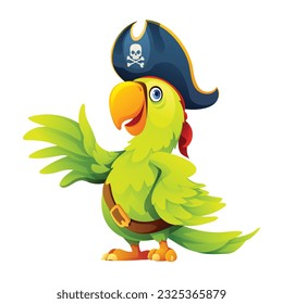 Cute pirate parrot waving wing cartoon illustration isolated on white background