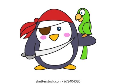 Cute Pirate Penguin. Vector Illustration. Isolated on white background.