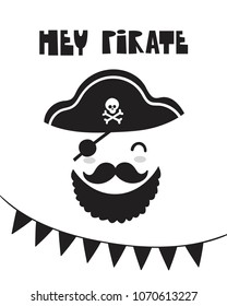 Cute pirate, poster for baby room, greeting card, print on the wall, pillow, decoration kids interior, baby wear and t-shirts	