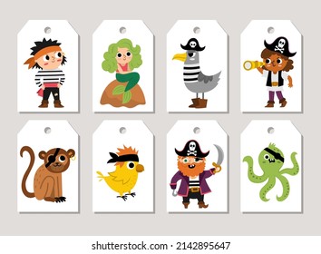 Cute pirate price tags cards set with ship, captain, sailors, chest, map, parrot, octopus, seagull. Vector treasure island print templates. Marine design for tags, ads, social media, pirate party
