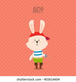 Cute pirate rabbit with hook greeting card. Ahoy. Vector design for kids.