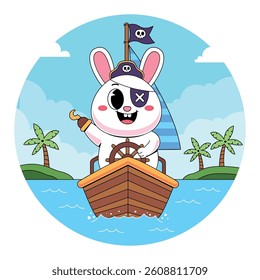 Cute pirate rabbit sailing in sea