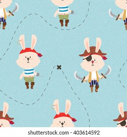 Cute pirate rabbits seamless pattern. Treasure map lines. Kids illustration.