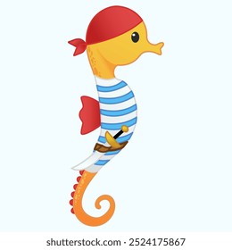 
ilustração de personagem bonito pirata seahorse, desenho de personagem de desenho animado pirata seahorse com uma bandana vermelha e uma espada