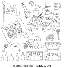 A cute pirate set with design elements, a pirate ship, an antique map, a chest and a cannon drawn in a flat cartoon linear style. For children's quests, games and coloring books