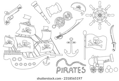 Cute pirate set with design elements, drawn in a flat cartoon linear style. For children's quests, games and coloring books