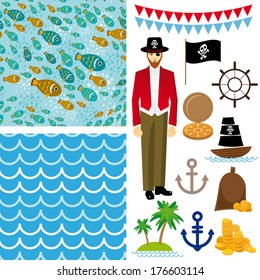 Cute pirate set objects collection. seamless background. vector 