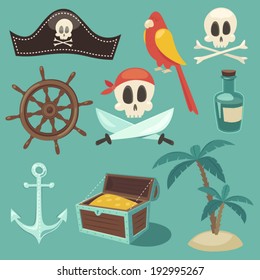 cute pirate  set, objects collection, vector illustration, flat design