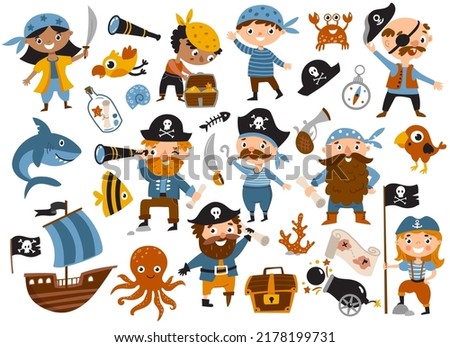 Cute pirate set with ship, shark, crab, octopus, treasure, fish and parrot.Perfect for scrapbooking, greeting card, party invitation, poster, tag, sticker kit. Hand drawn vector illustration
