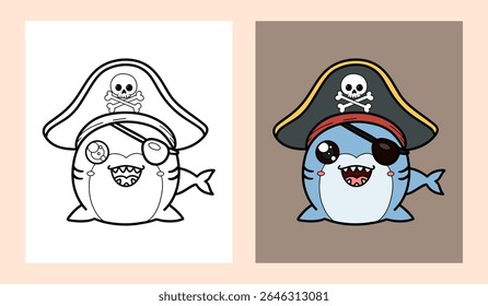Ilustração de tubarão pirata bonito em cor e preto e branco versão para crianças educação e oceanos colorir atividades
