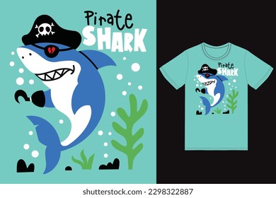 Ilustración de tiburón pirata con diseño de camisetas, vector premium, el Concepto de Tecnología Aislada. Estilo de caricatura plana adecuado para llevar páginas web, camisetas, volantes, pegatinas