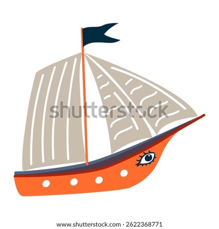 Cute pirate ship with big sails and eye on the front. Simple and playful nautical illustration. Funny cartoon design. For kids, sea adventures, pirate stories, and summer decoration