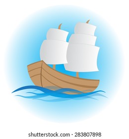 Cute pirate ship on the sea with blue gradient on white background