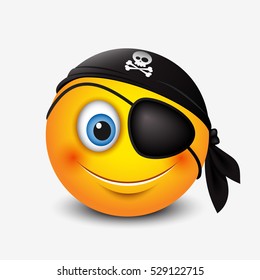 Cute pirate smiley wearing black pirate scarf and eye patch - emoticon, emoji - vector illustration

