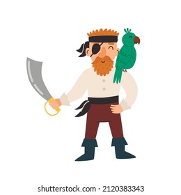 Cute pirate with a sword and a parrot on his shoulder. Vector illustration