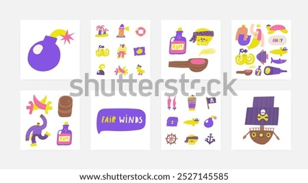 Cute pirate theme composition, objects set with funny hand drawn doodle squid, shark, mermaids, turtle, fish, spyglass, smoking pipe, bottle, animals. Marine, nautical Caribbean bandit print, cover