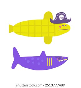 Bela composição tema pirata, cartão postal com engraçado mão desenhado rabiscos peixe, tubarão, chapéu, crânio. Marinha, náutico Caribe bandit t shirt imprimir, capa, modelo, banner, poster imprimir objetos