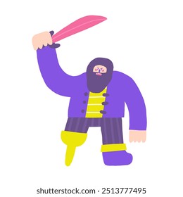Composição tema pirata bonito, cartão postal com engraçado mão desenhada doodle pirata personagem com lâmina. Marinha, náutico Caribe bandit t shirt imprimir, capa, modelo, banner, poster imprimir objetos
