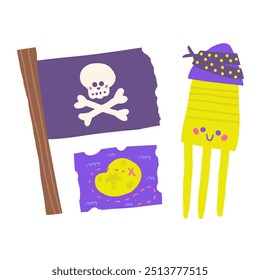 Cute pirate theme composition, postcard with funny hand drawn doodle flag, skull, bones, map, squid. Marine, nautical Caribbean bandit t shirt print, cover, template, banner, poster print objects