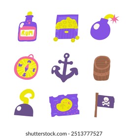 Cute pirate theme composition, postcard with funny hand drawn doodle rum, bottle, chest, gold, treasure, barrel, compass, anchor, hook, map, flag. Marine, nautical Caribbean bandit print, cover,