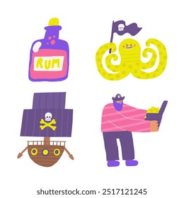 Cute pirate theme composition, postcard with funny hand drawn doodle pirate, chest, gold, treasure, character, ship, boat, rum, bottle, flag, octopus. Marine, nautical Caribbean bandit print, cover