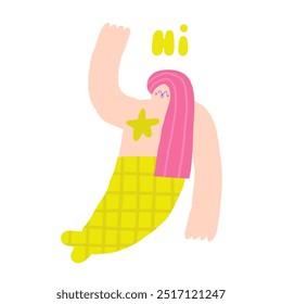 Composição tema pirata bonito, cartão postal com a mão engraçada desenhada doodle sereia, nixie, ninfa da água, mulher da água, menina do peixe. Marinho, náutico caribenho bandido impressão, capa,