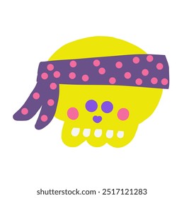 Cute pirate theme composition, postcard with funny hand drawn doodle skull, bandana, character. Marine, nautical Caribbean bandit print, cover,
