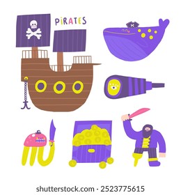 Cute pirate theme composition, postcard with funny hand drawn doodle ship, boat, whale, hat, spyglass, chest, gold, coins, pirate character. Marine, nautical Caribbean bandit print, cover,