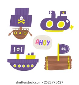 Cute pirate theme composition, postcard with funny hand drawn doodle ship, boat, submarine, bathyscaphe, sub, raft, float. Marine, nautical Caribbean bandit t shirt print, cover, template