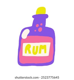 Cute pirate theme composition, postcard with funny hand drawn doodle bottle of rum, alcohol, tequila, cocktail, whisky, beverage, drink, glass. Marine, nautical Caribbean bandit t shirt print, cover