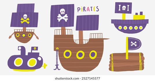 Cute pirate theme composition, postcard with funny hand drawn doodle ship, boat, submarine, bathyscaphe, sub, raft, float. Marine, nautical Caribbean bandit t shirt print, cover, template, poster