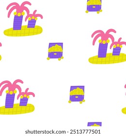 Tema pirata bonito sem emenda padrão. Engraçado mão desenhada rabiscar padrão repetível com ilha do tesouro, palmas, coco, peito, ouro. Fundo marinho, náutico, caribenho bandido