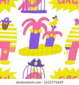 Cute pirate theme seamless pattern. Funny hand drawn doodle repeatable pattern with bandit, treasure, parrot, hook hand, island, hat, cage, bird. Marine, nautical, Caribbean bandit background