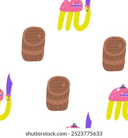 Cute pirate theme seamless pattern. Funny hand drawn doodle repeatable pattern with wooden barrel, jellyfish, animal, character, sword, dagger. Marine, nautical, Caribbean bandit background