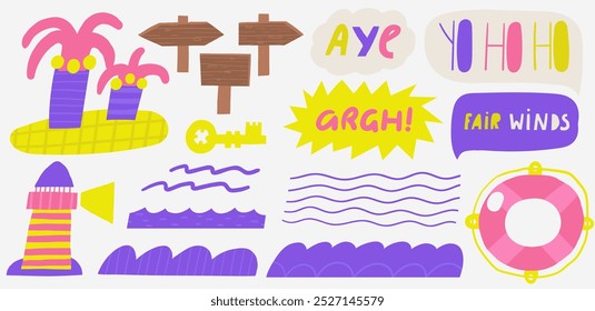 Cute pirate theme signs with funny hand drawn doodle ocean, sea waves icons, aqua, water elements, arrow, pointers, island, dialog bubble, lighthouse. Marine, nautical Caribbean objects, clip art set