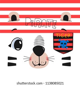 Cute pirate tiger face cartoon on striped background illustration vector, T-shirt design for kids.