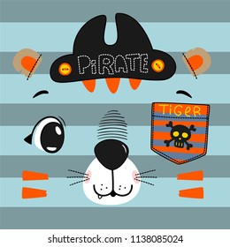 Cute pirate tiger face cartoon on striped background illustration vector, T-shirt design for kids.