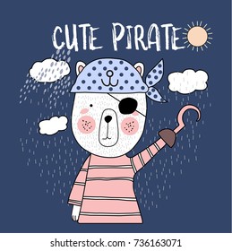 cute pirate typography for t-shirt print, product, brochure, cover, poster, patch, fabric, hand drawn style. vector illustration