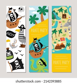 Cute pirate vertical cards set with ship, captain, chest, map, palm trees, octopus, seagull. Vector treasure island vertical print templates. Marine party bookmarks designs
