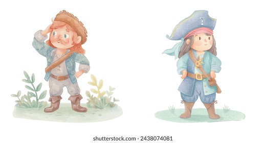 cute pirate watercolour vector illustration 