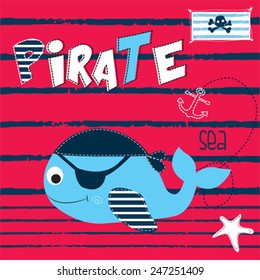 cute pirate whale striped background vector illustration